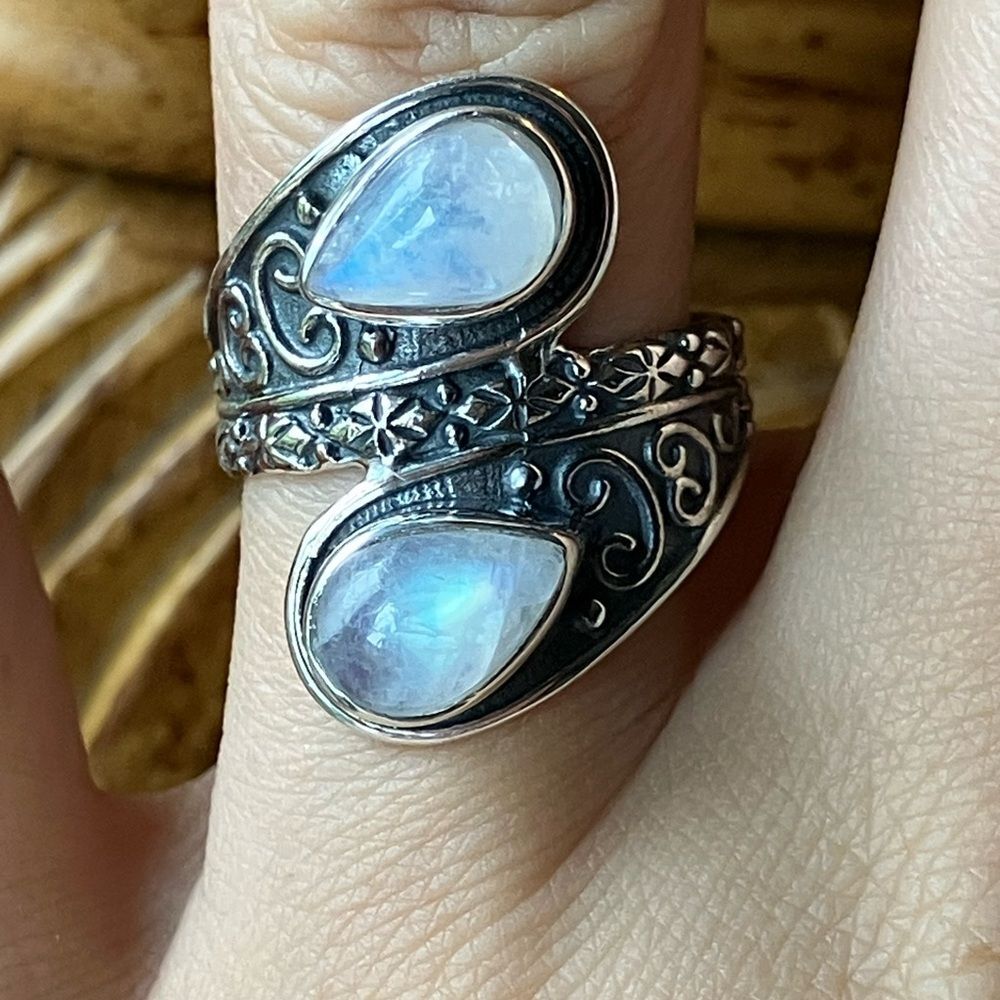 Natural Rainbow Moonstone Sterling Silver Ring Size 7